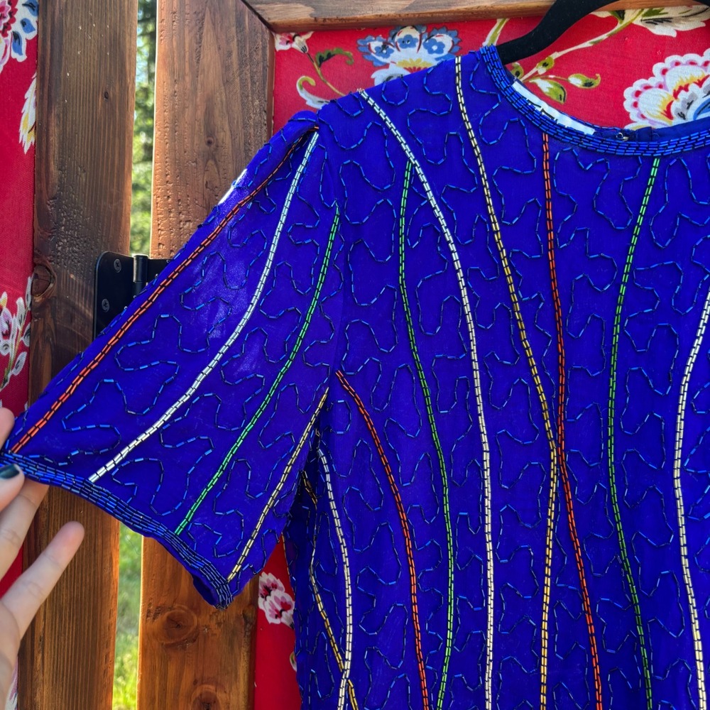 VTG 90's 100% Silk Blue Beaded Multicolor Boho Chic Glam‎ Blouse Women's Size L